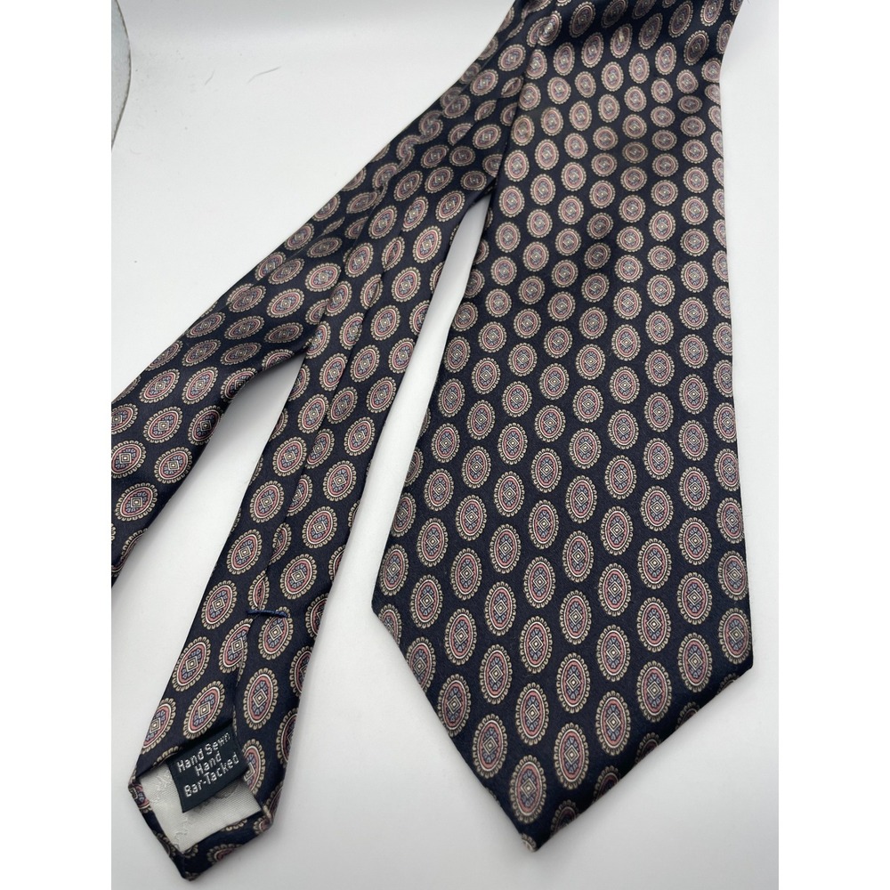 Oscar de la Renta Couture Mens Silk Necktie Navy Blue Medallion Geometric Tie